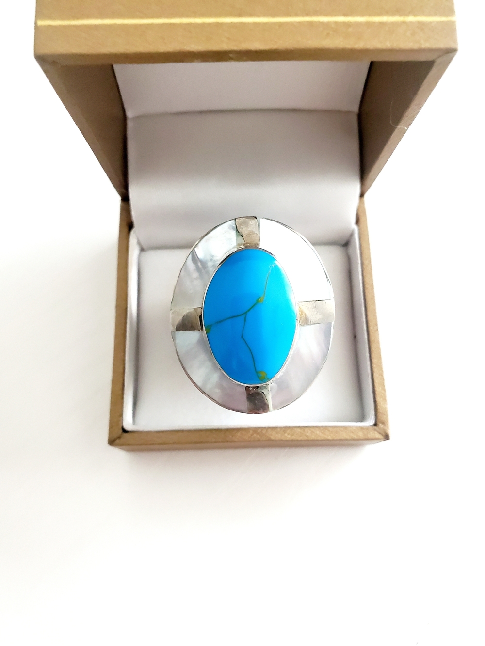 Silver Blue Turquoise , Shell & Wood Oval Statement Ring